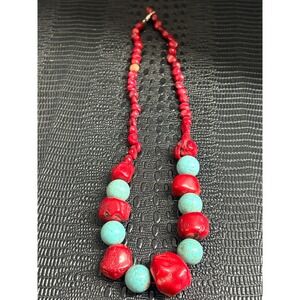 Vintage Chunky Red Coral and Turquoise Bead Statement Necklace 17 Inch Boho READ